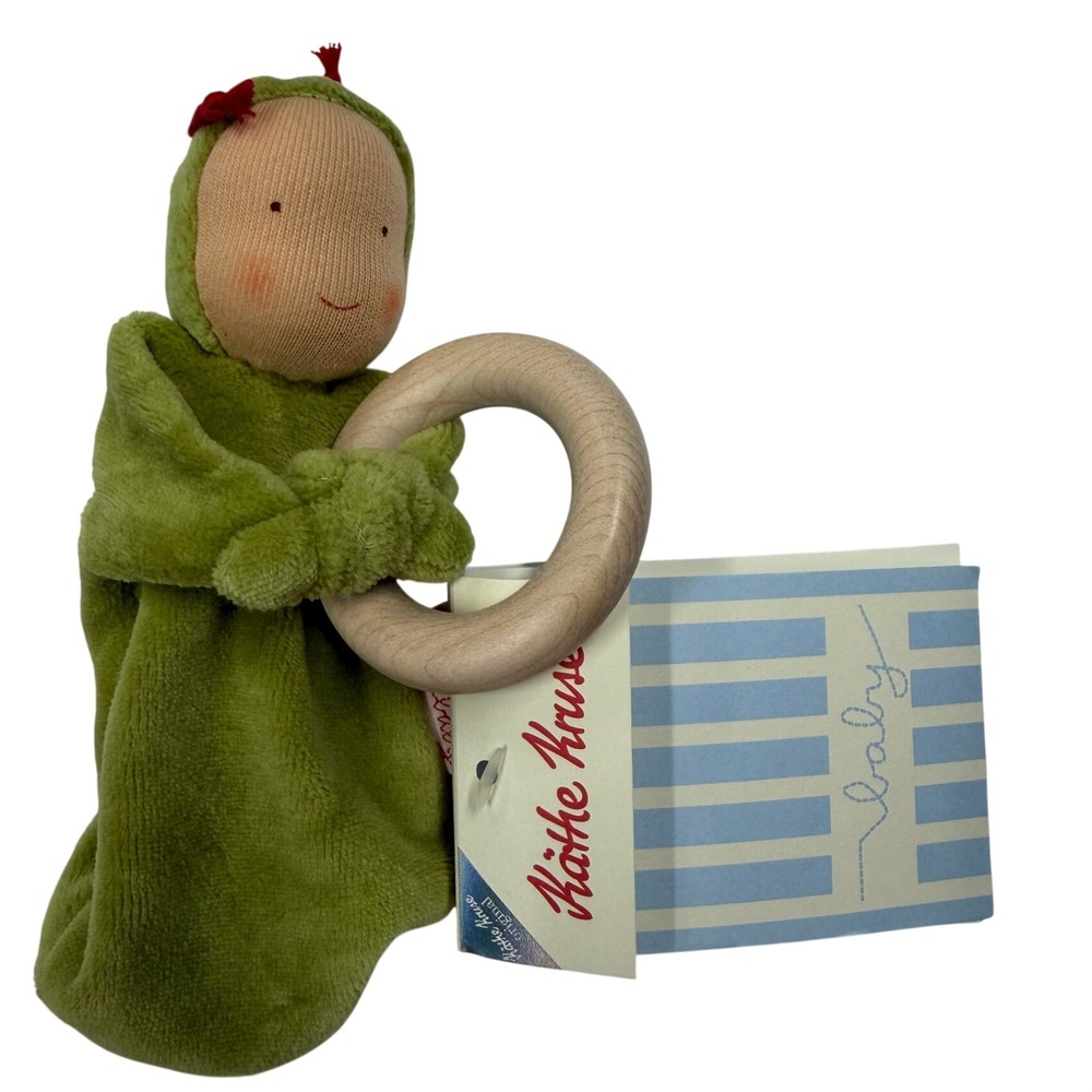 Kathe Kruse Baby Waldorf Green Plush Wooden Ring Clutching Toy Rattle NWT